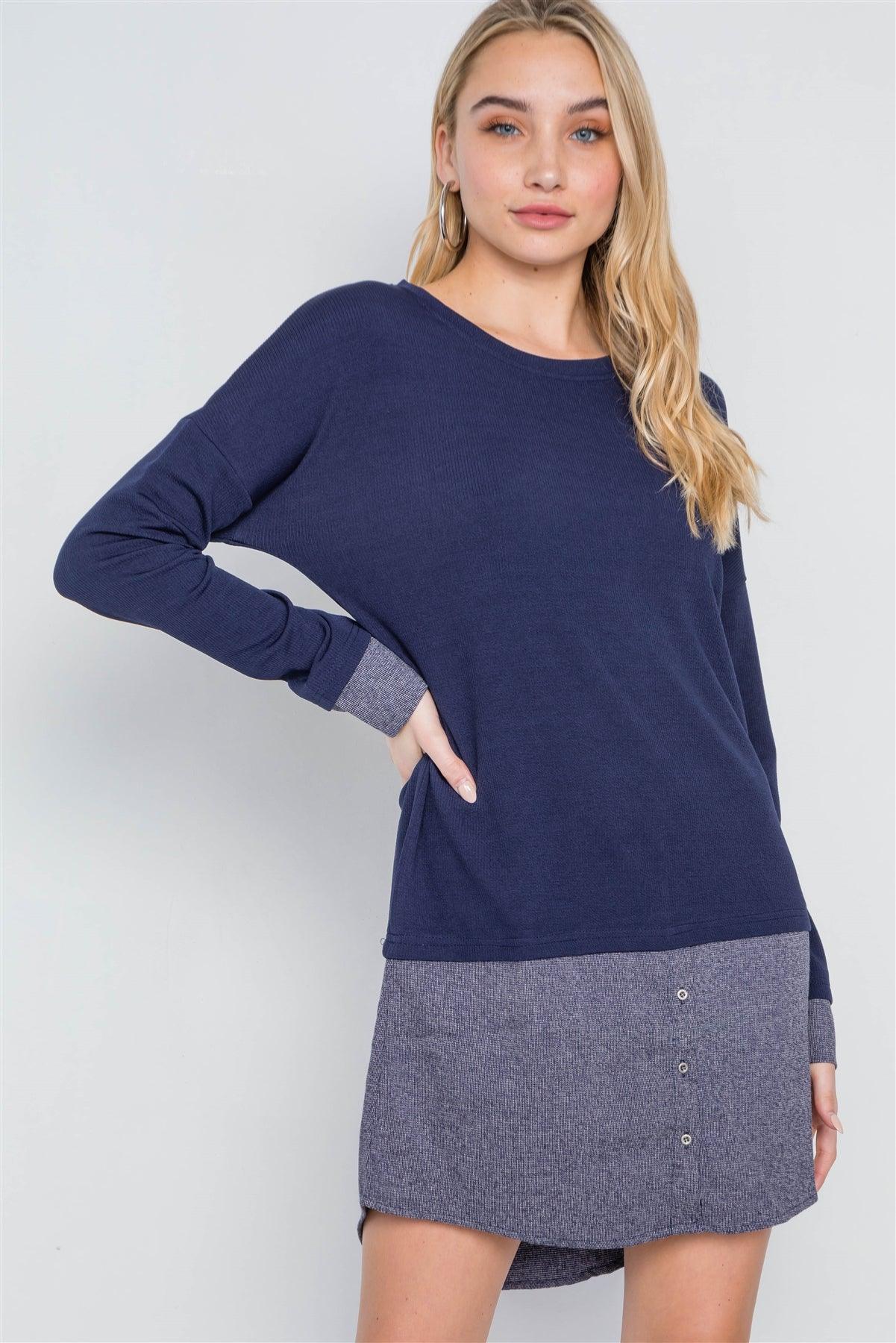 Navy Knit Combo Long Sleeve Sweater Dress /2-2-2