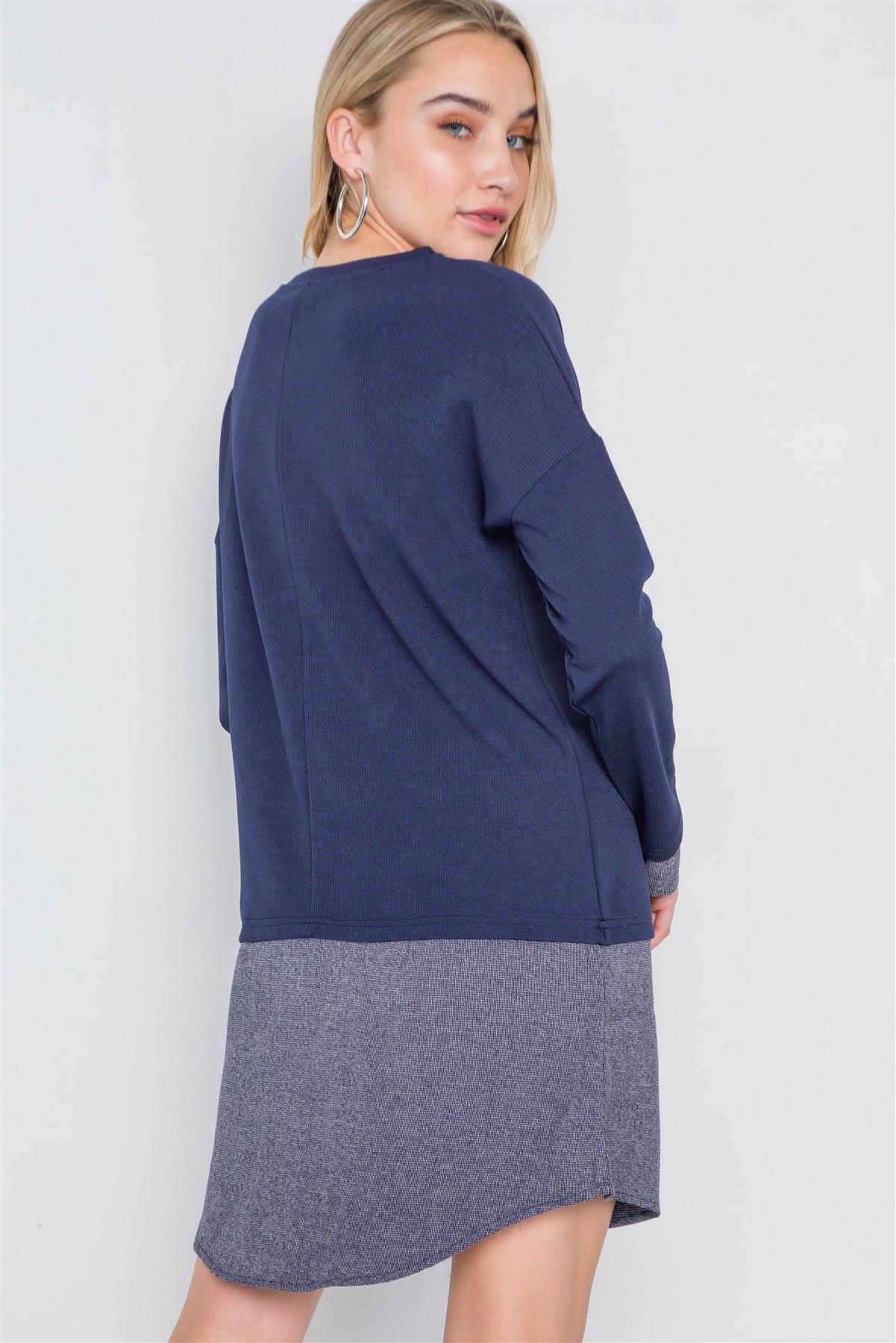 Navy Knit Combo Long Sleeve Sweater Dress /2-2-2