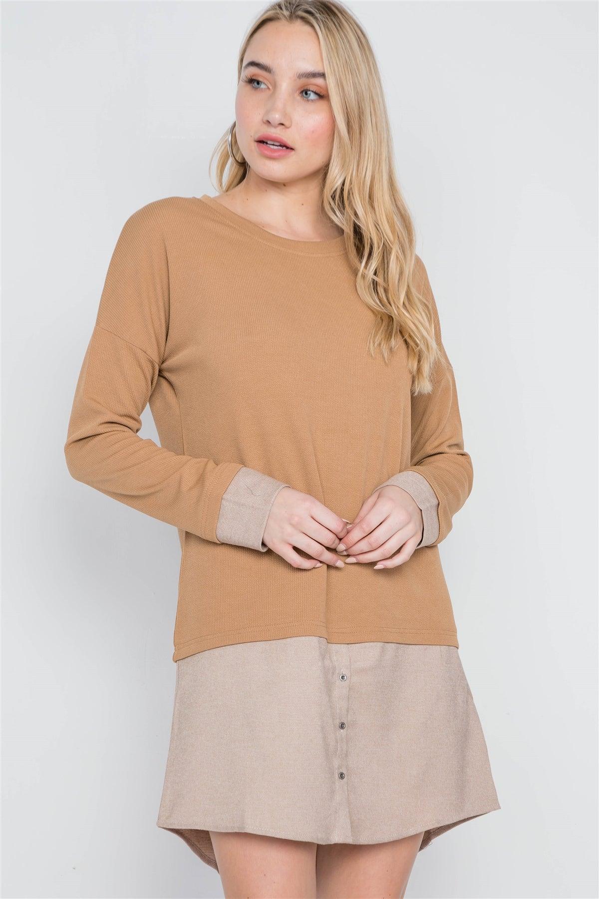 Taupe Knit Combo Long Sleeve Sweater Dress /3-1-1