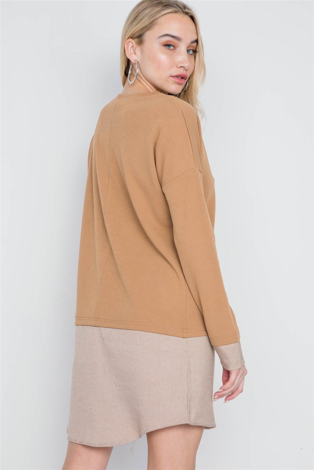 Taupe Knit Combo Long Sleeve Sweater Dress /3-1-1