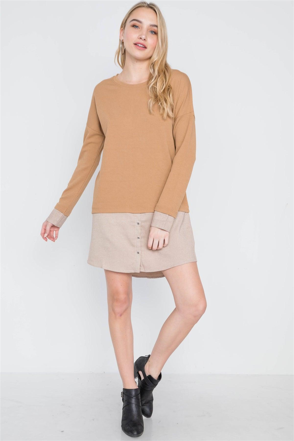 Taupe Knit Combo Long Sleeve Sweater Dress /3-1-1