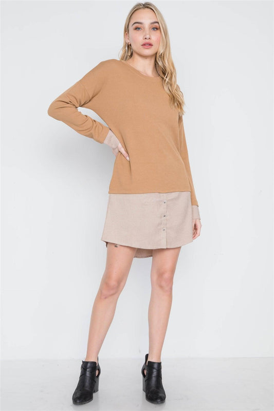 Taupe Knit Combo Long Sleeve Sweater Dress /3-3