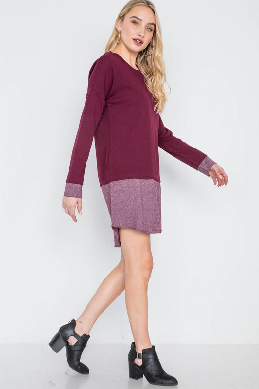 Wine Knit Combo Long Sleeve Sweater Dress /2-2