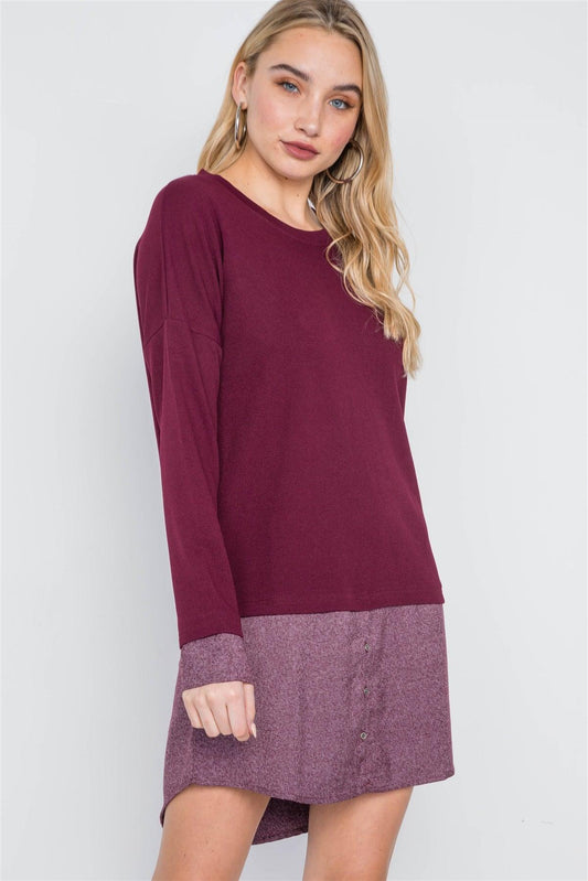 Wine Knit Combo Long Sleeve Sweater Dress /2-2-2