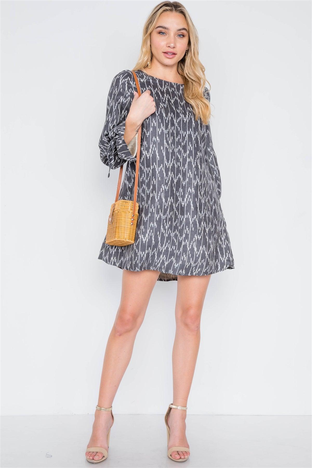 Black Charcoal Long Sleeve Abstract Print Dress /1-1-1