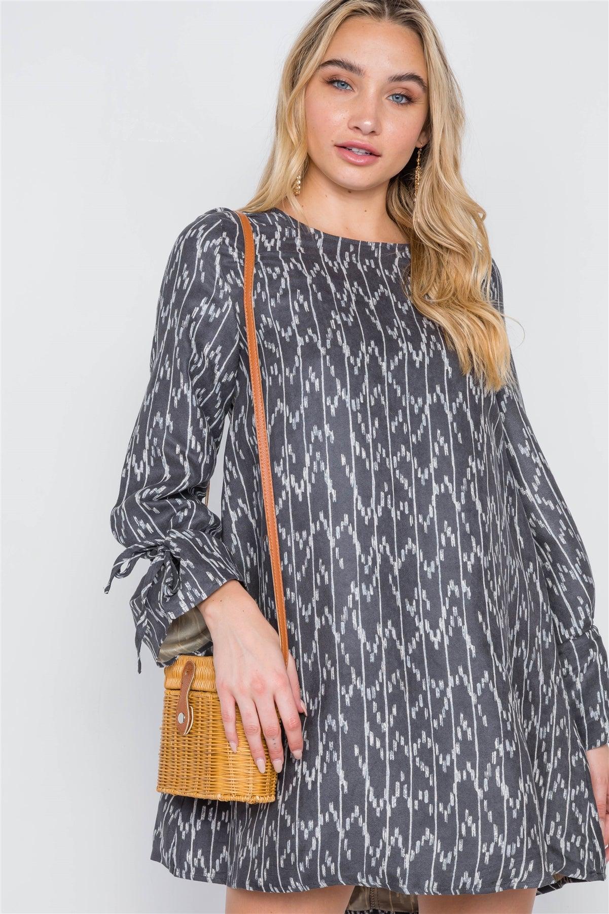 Black Charcoal Long Sleeve Abstract Print Dress /1-1-1