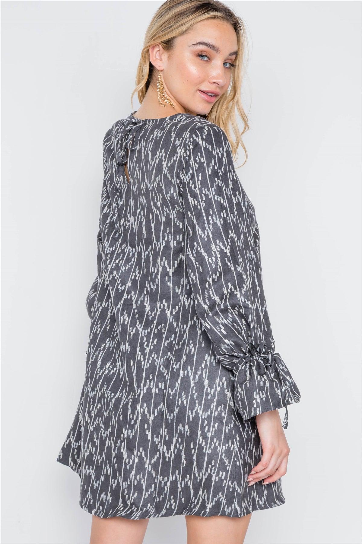 Black Charcoal Long Sleeve Abstract Print Dress /1-1-1