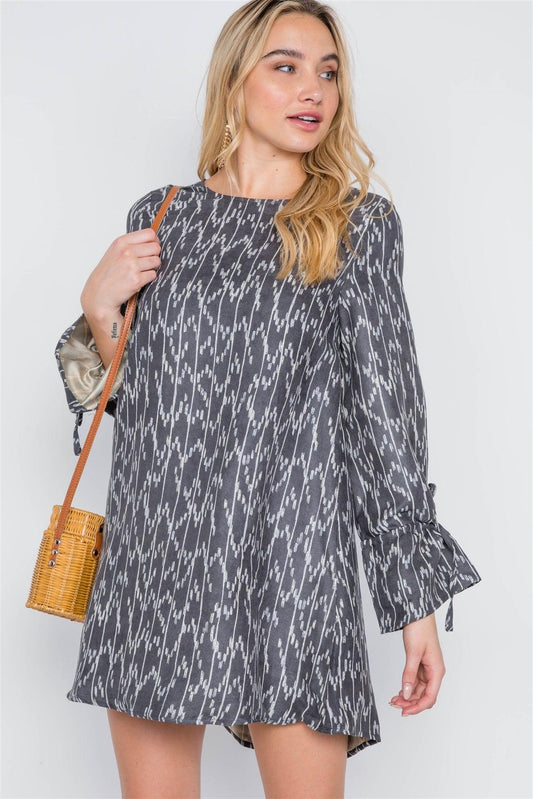 Black Charcoal Long Sleeve Abstract Print Dress /2-2-2