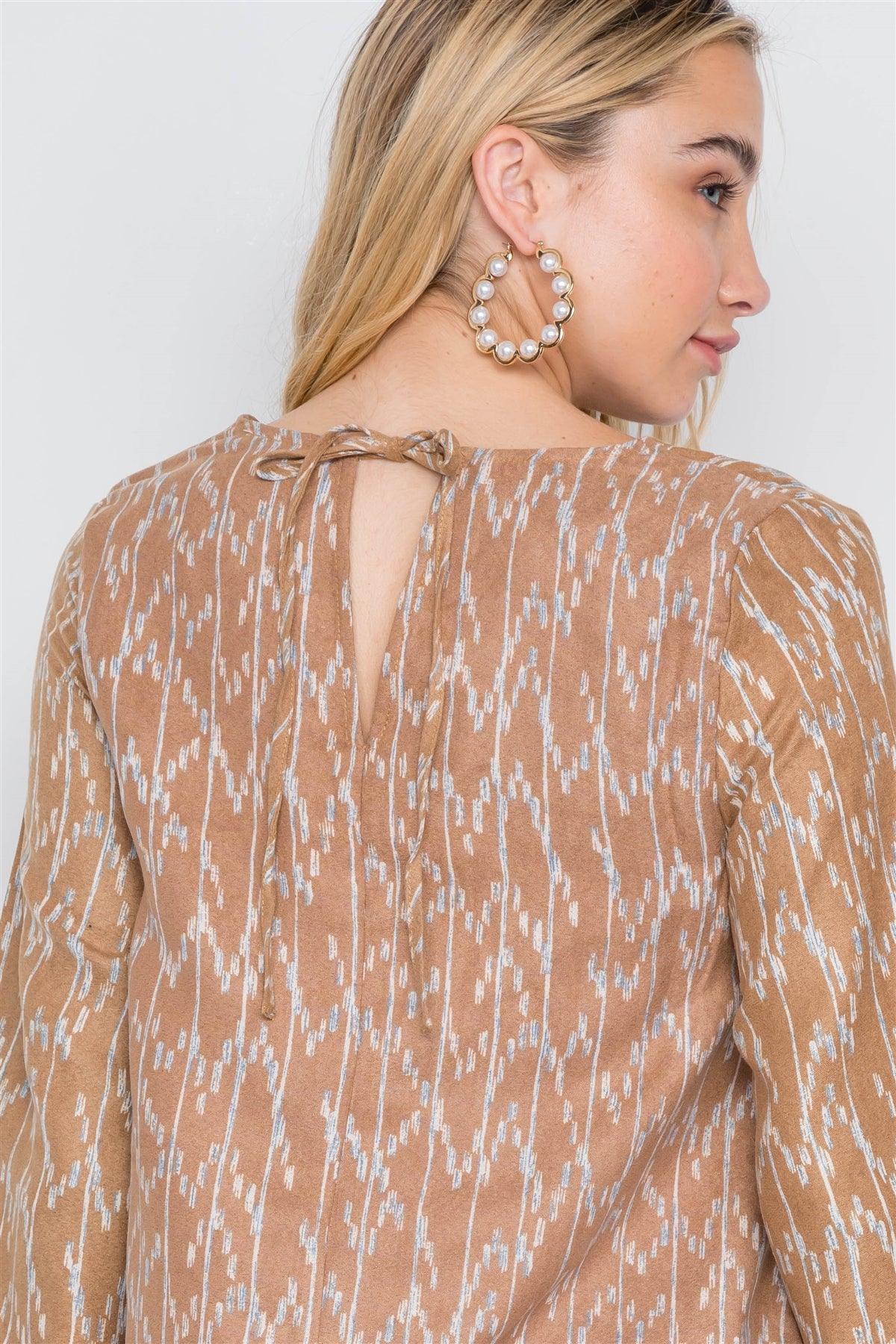 Camel  Long Sleeve Abstract Print Dress /1-1-1