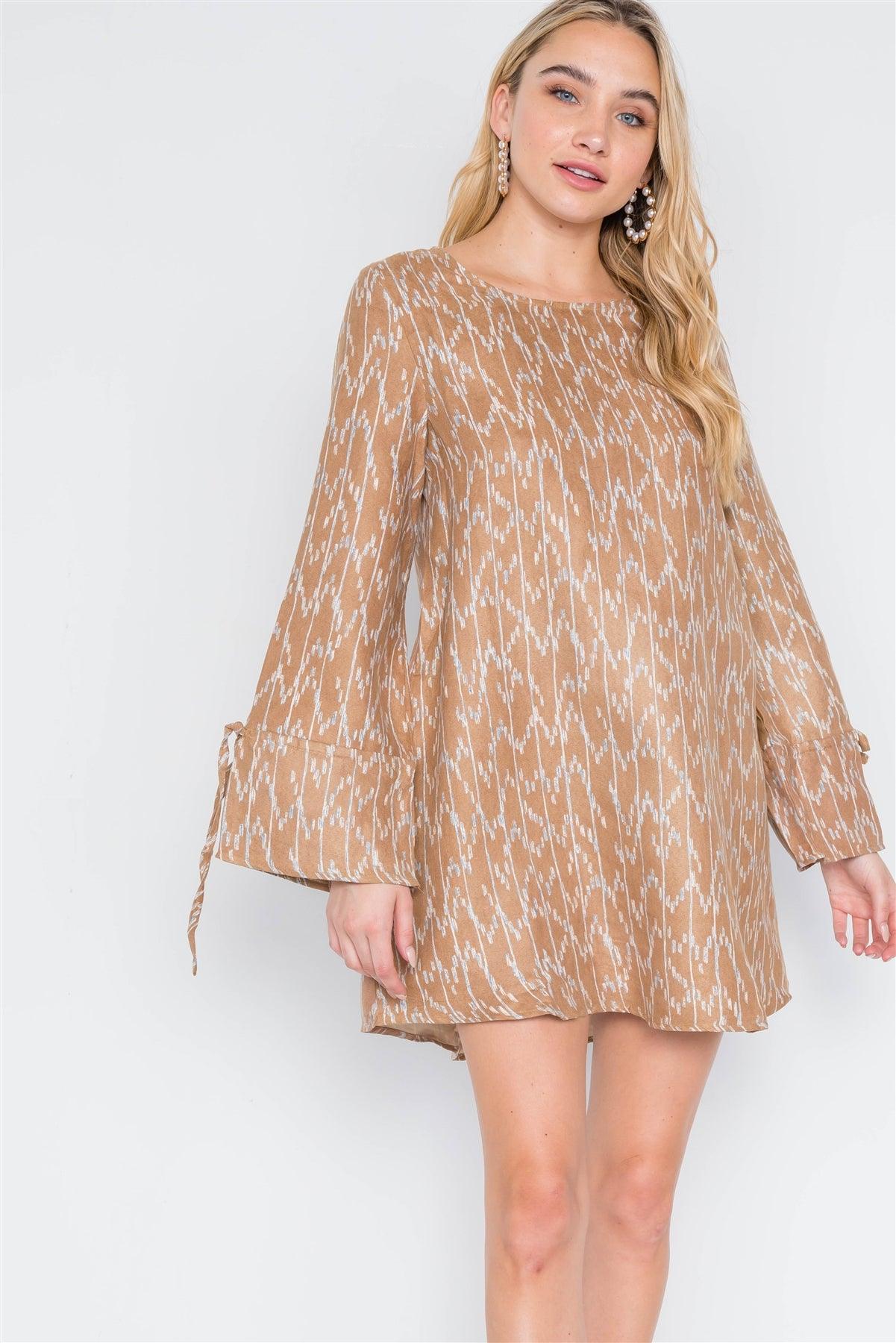 Camel  Long Sleeve Abstract Print Dress /1-1-1