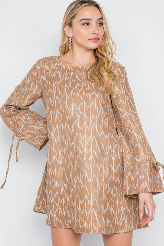 Camel  Long Sleeve Abstract Print Dress /2-2-2