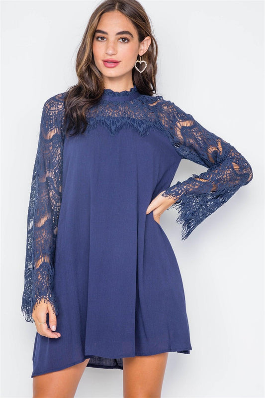 Navy Mock-Neck Contrast Sleeves Dress / 2-2-2