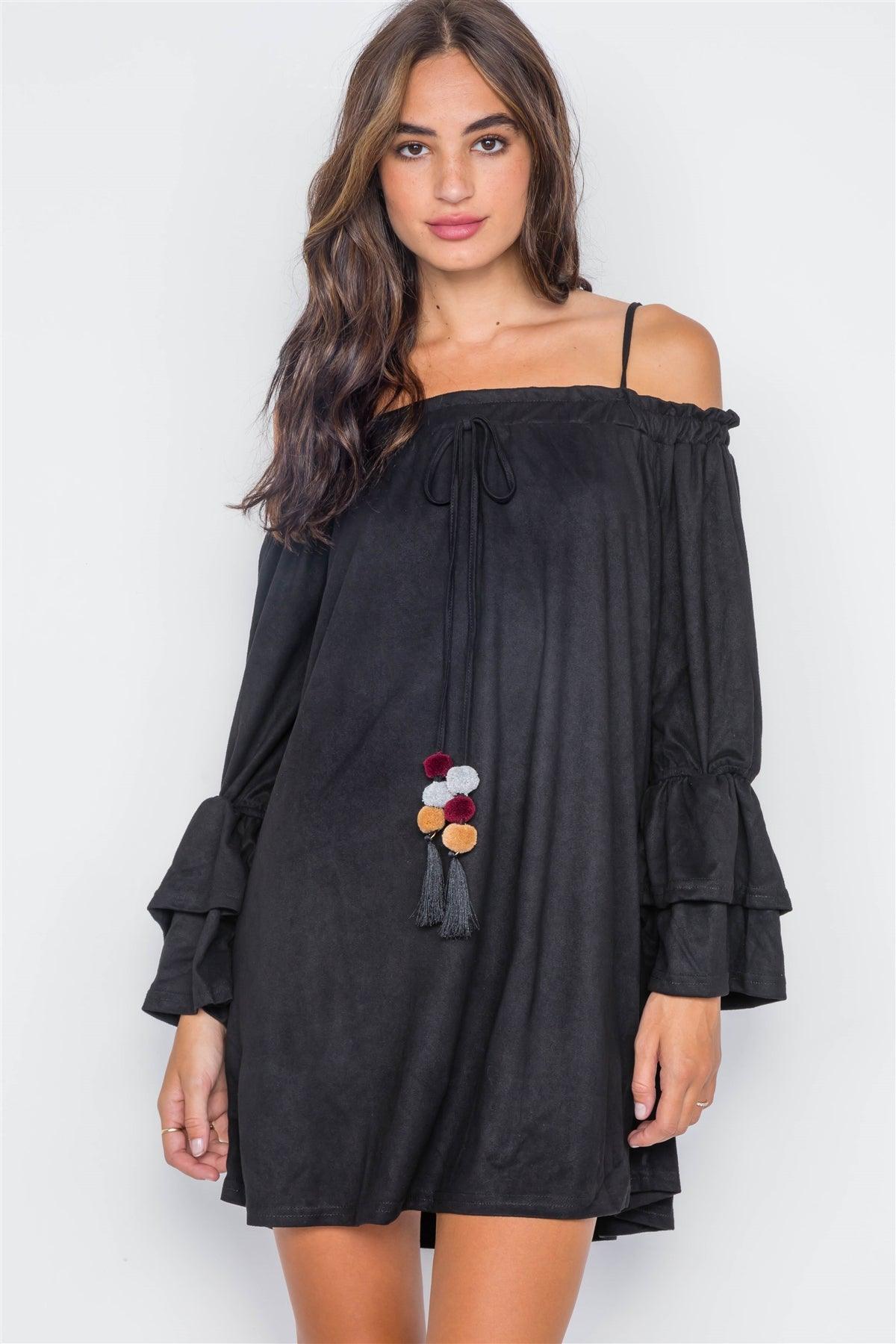 Black Faux Suede Off-The-Shoulders Mini Dress / 2-2-2