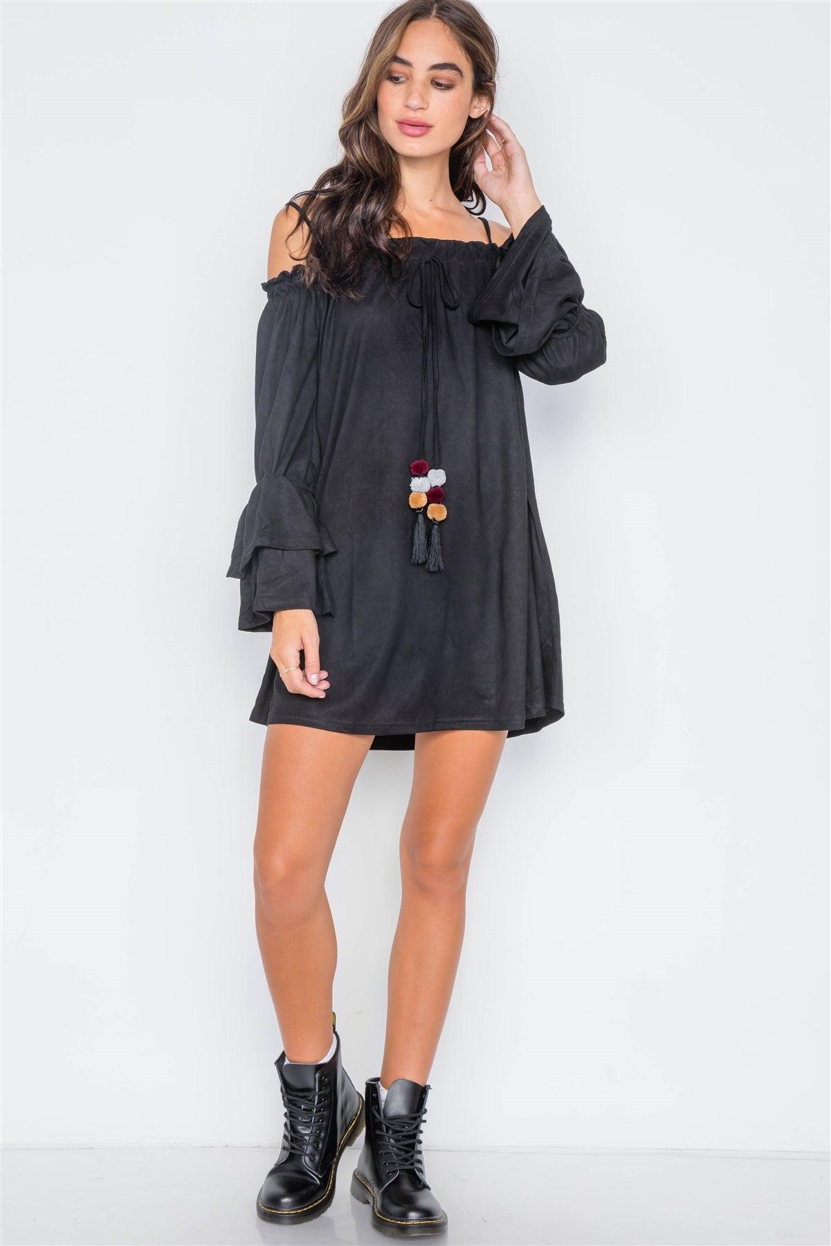 Black Faux Suede Off-The-Shoulders Mini Dress / 2-2-2