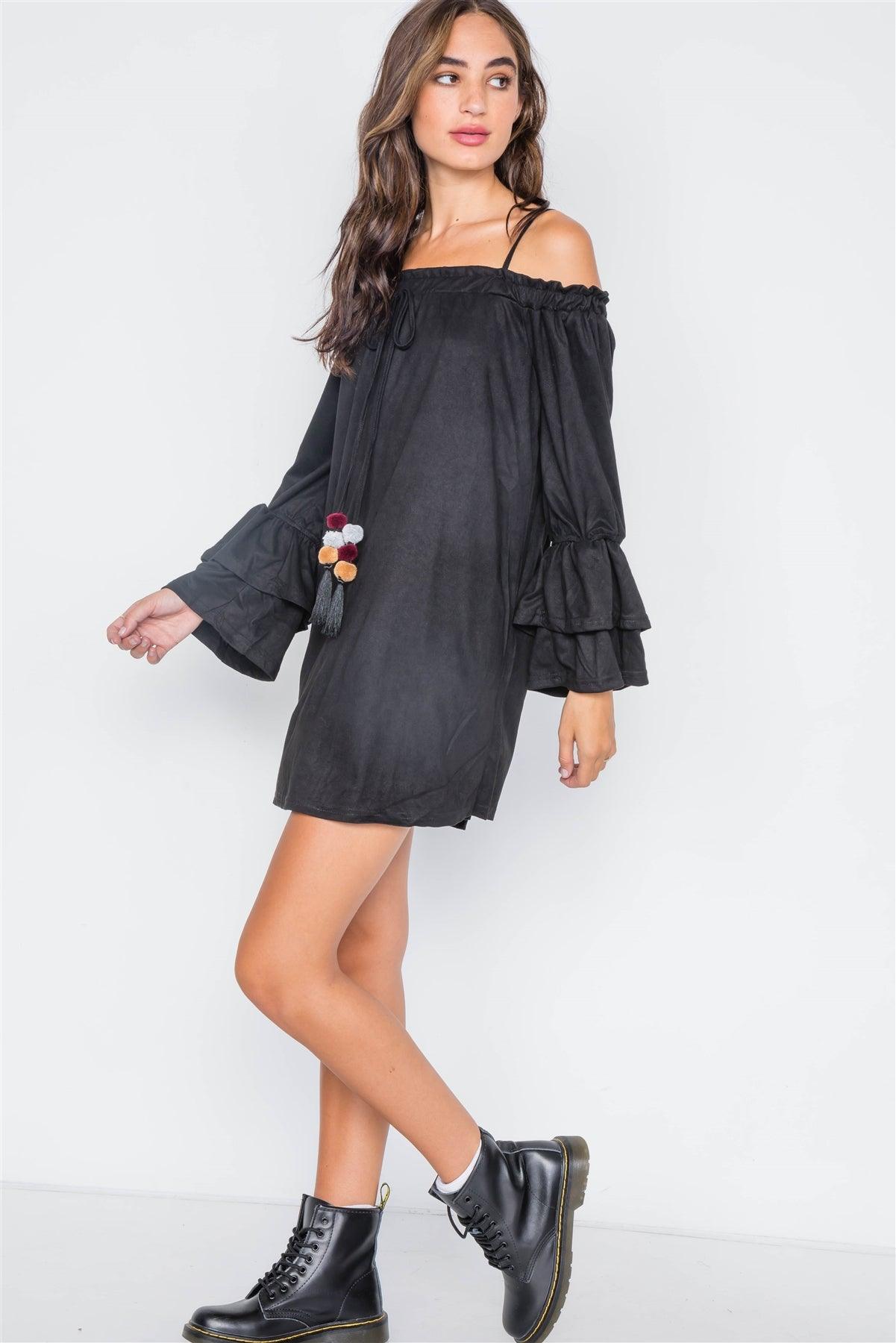 Black Faux Suede Off-The-Shoulders Mini Dress / 2-2-2