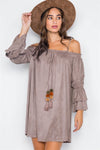 Grey Taupe Faux Suede Off-The-Shoulders Mini Dress / 2-2-2