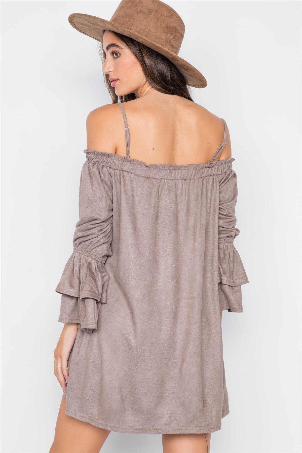 Grey Taupe Faux Suede Off-The-Shoulders Mini Dress / 2-2-2