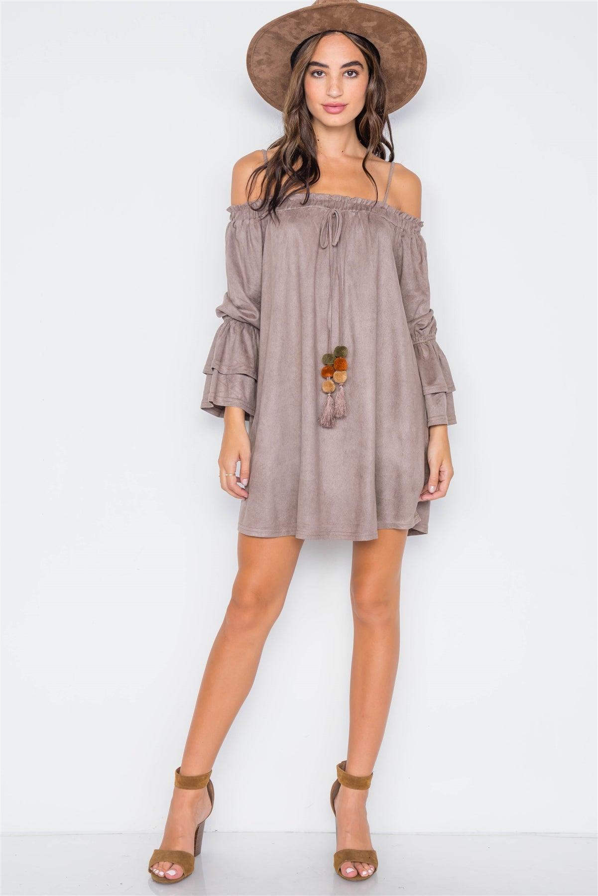 Grey Taupe Faux Suede Off-The-Shoulders Mini Dress / 2-2-2