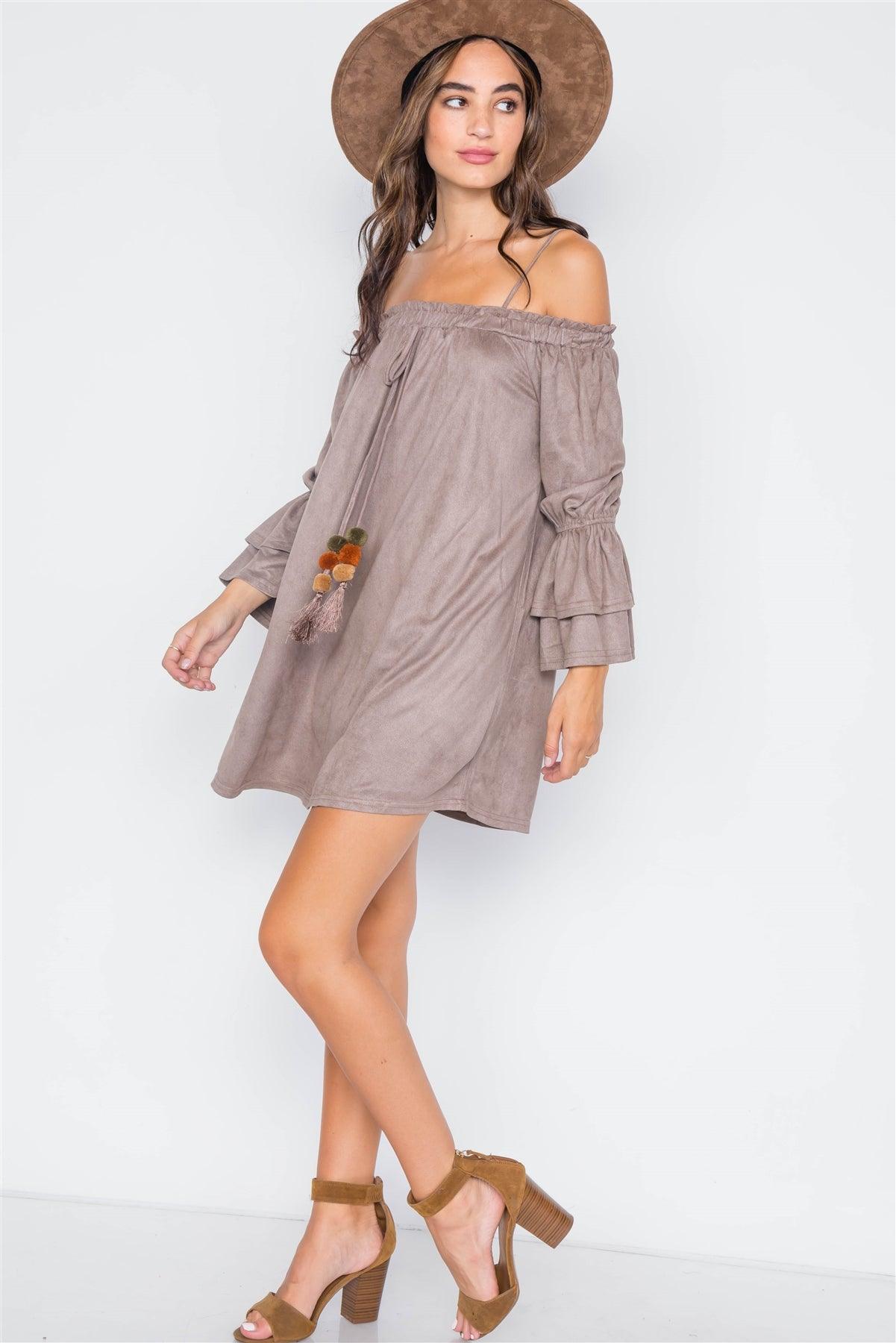 Grey Taupe Faux Suede Off-The-Shoulders Mini Dress / 2-2-2