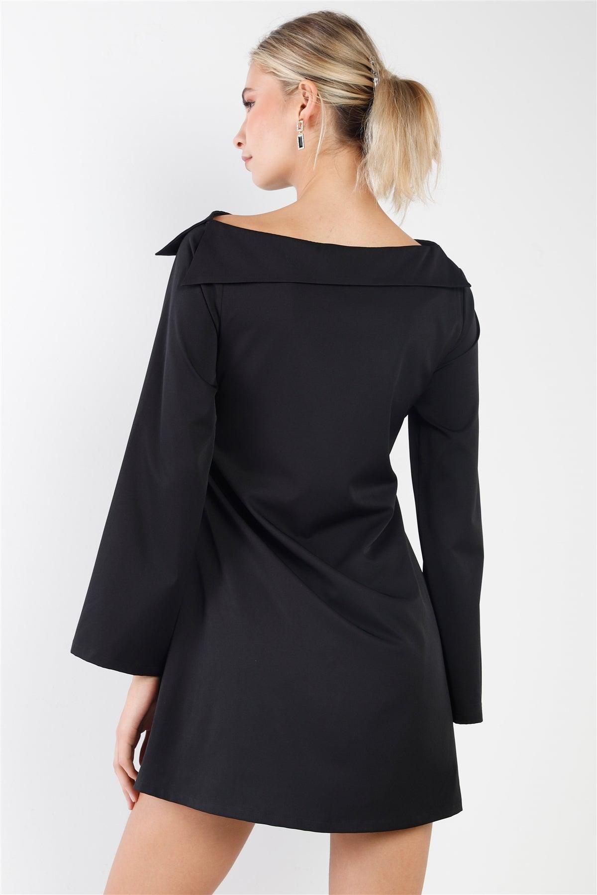 Black Straight Neck Solid Front-Tie Long Sleeve Mini Dress /2-2-2