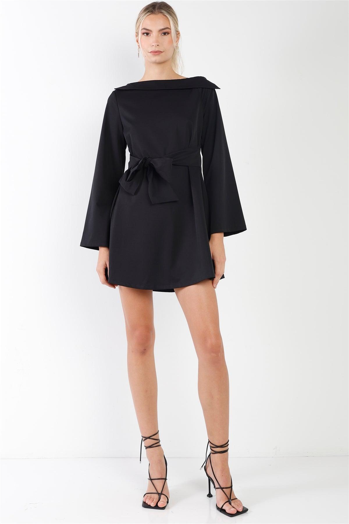 Black Straight Neck Solid Front-Tie Long Sleeve Mini Dress /2-2-2