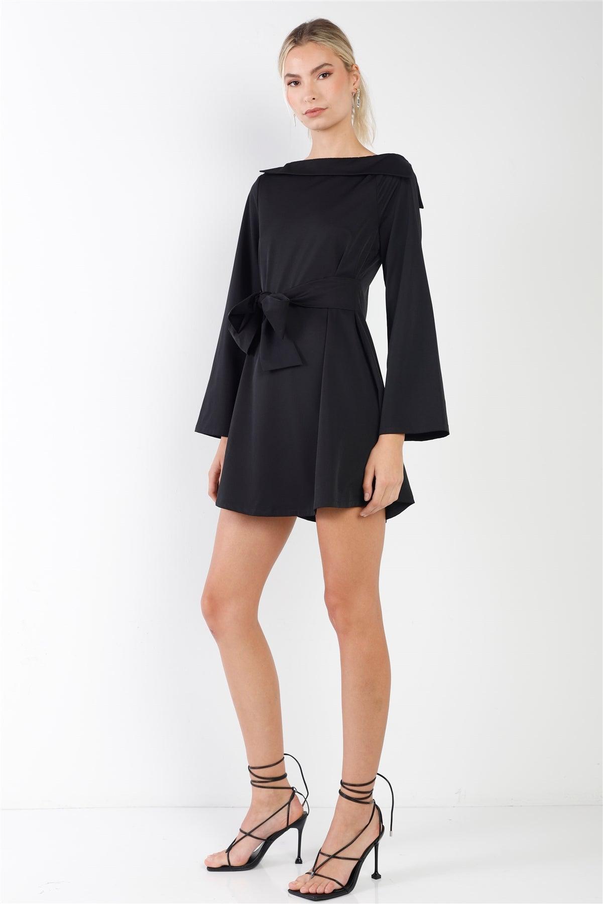 Black Straight Neck Solid Front-Tie Long Sleeve Mini Dress /2-2-2