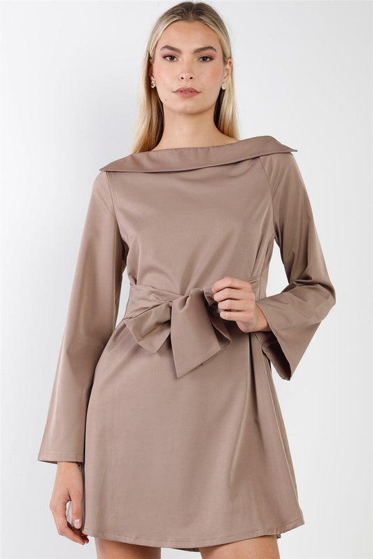 Mocha Straight Neck Solid Front-Tie Long Sleeve Mini Dress /2-2-2