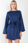 Navy Straight Neck Solid Front-Tie Long Sleeve Mini Dress /2-2-2