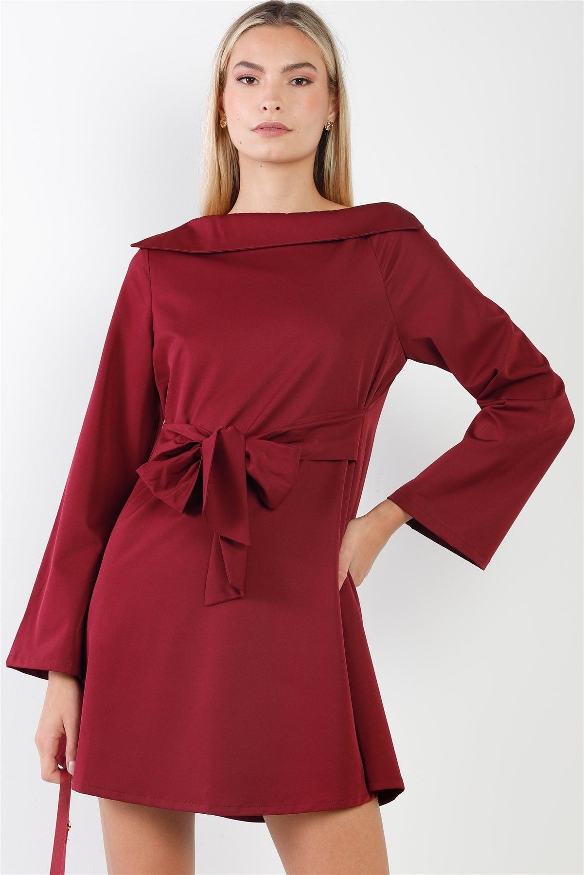 Wine Straight Neck Solid Front-Tie Long Sleeve Mini Dress /1-2-2