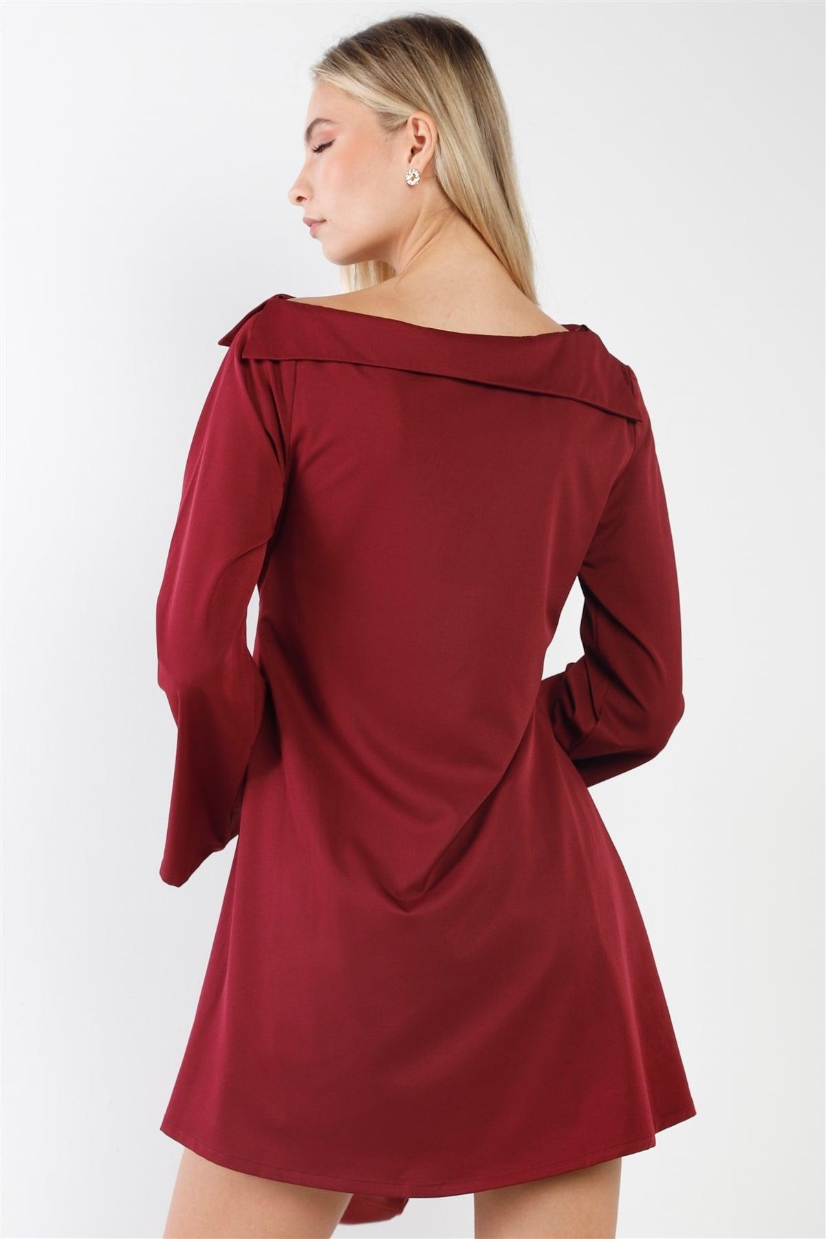 Wine Straight Neck Solid Front-Tie Long Sleeve Mini Dress /1-2-2