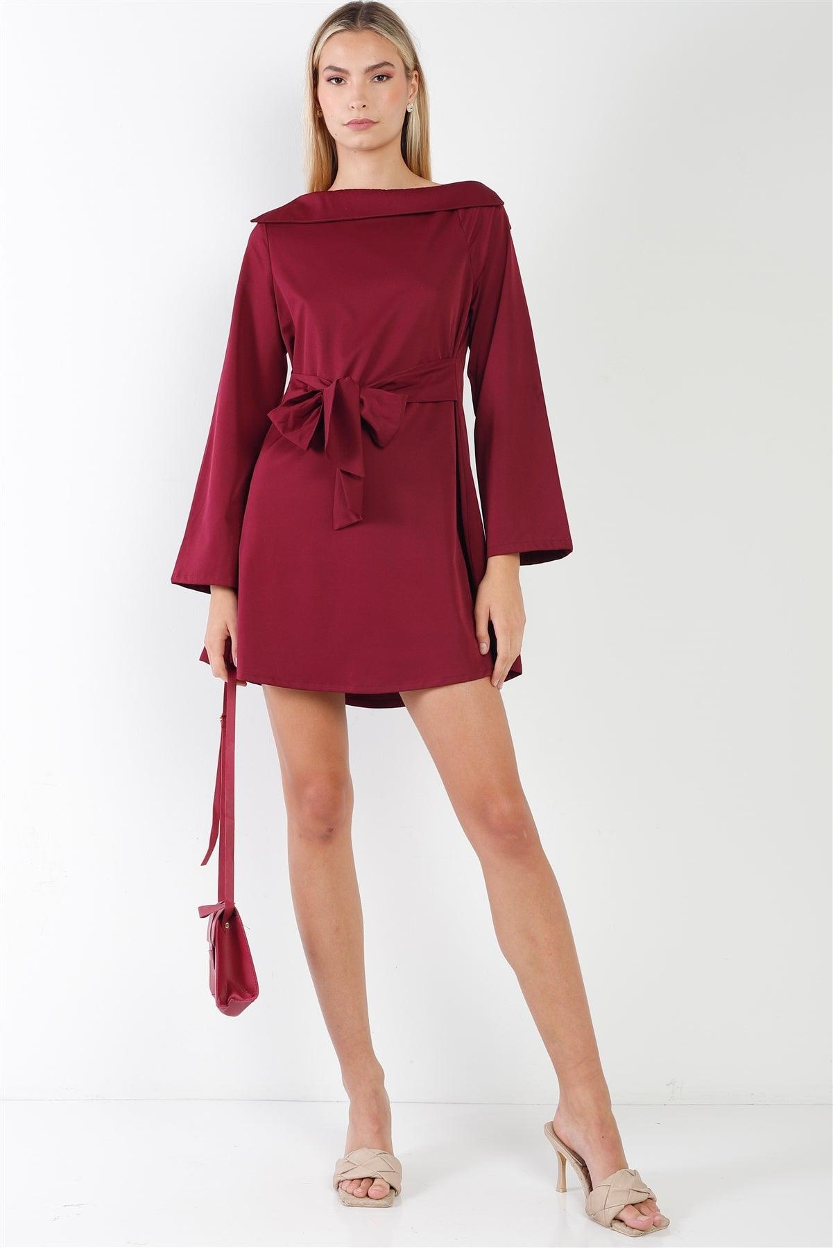 Wine Straight Neck Solid Front-Tie Long Sleeve Mini Dress /1-2-2