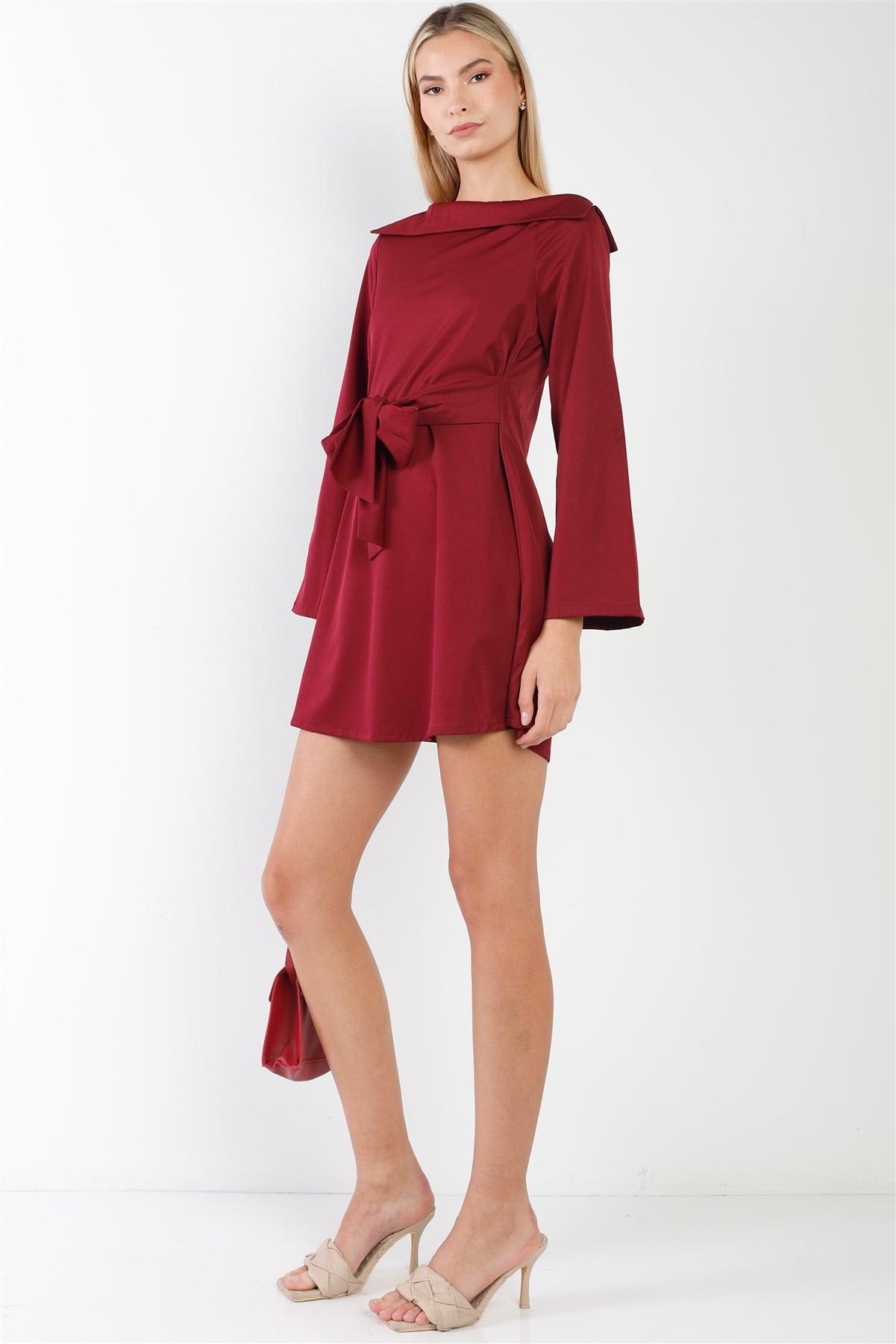 Wine Straight Neck Solid Front-Tie Long Sleeve Mini Dress /1-2-2