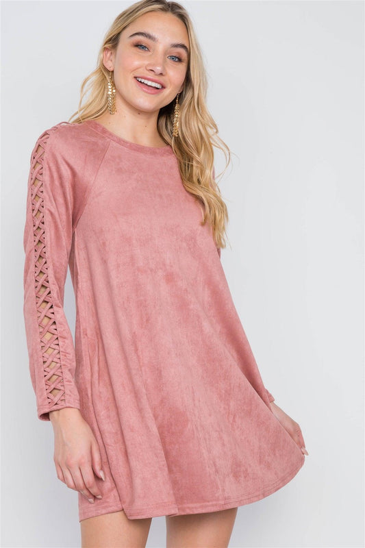 Blush Faux Suede Strap Sleeves Mini Shirt Dress /1-2-2