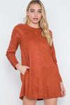 Brick Faux Suede Strap Sleeves Mini Shirt Dress /2-2-2