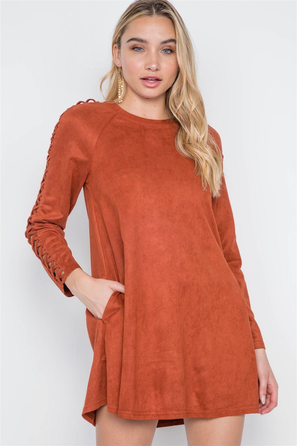 Brick Faux Suede Strap Sleeves Mini Shirt Dress /2-2-2