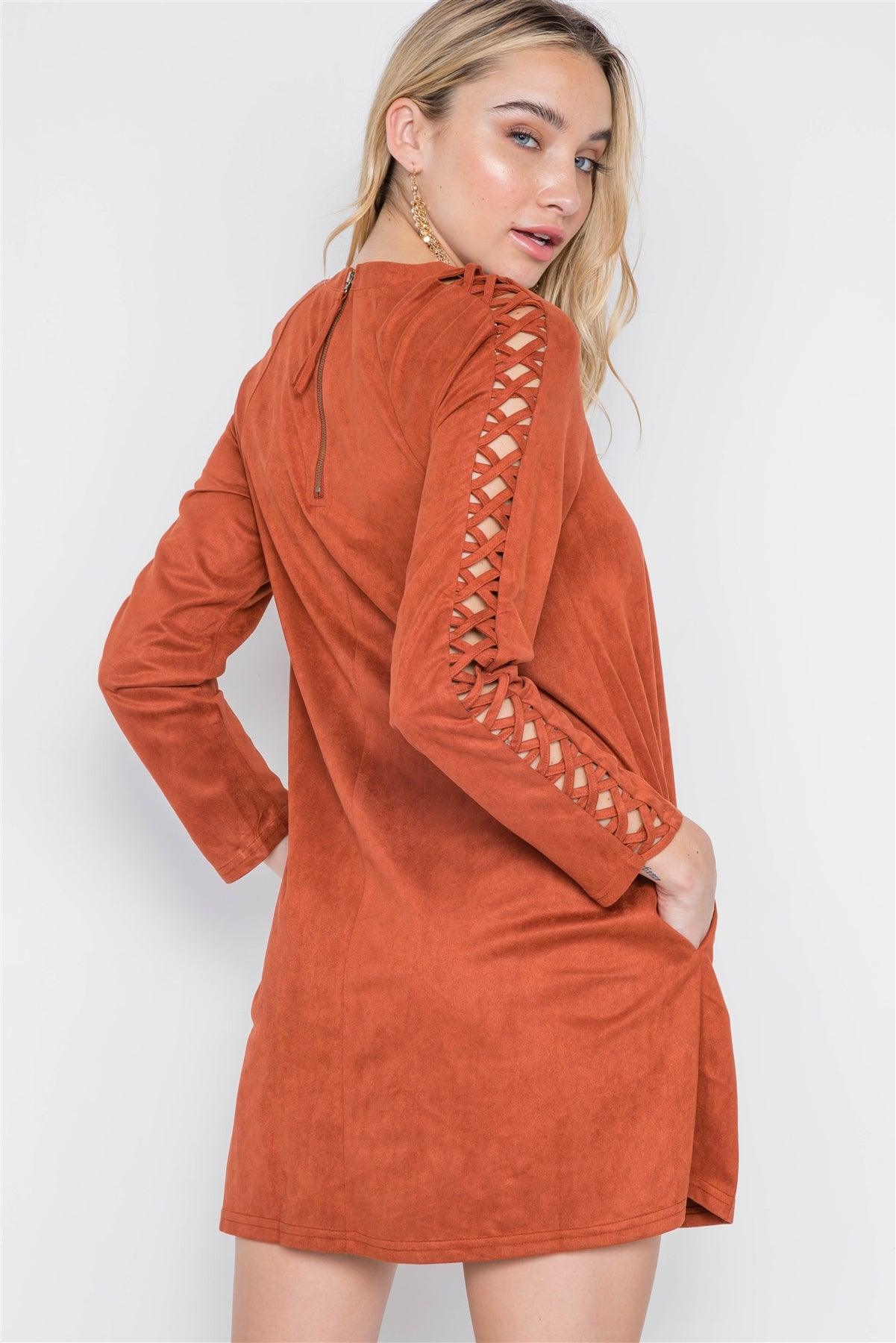 Brick Faux Suede Strap Sleeves Mini Shirt Dress /2-2-2