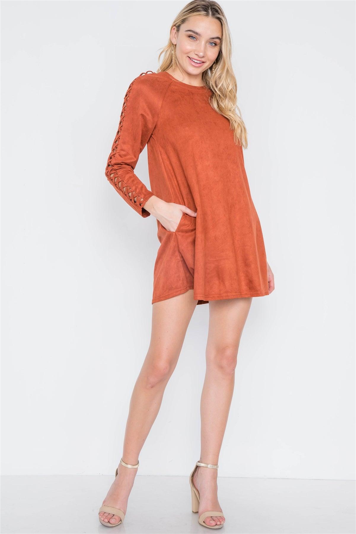 Brick Faux Suede Strap Sleeves Mini Shirt Dress /2-2-2