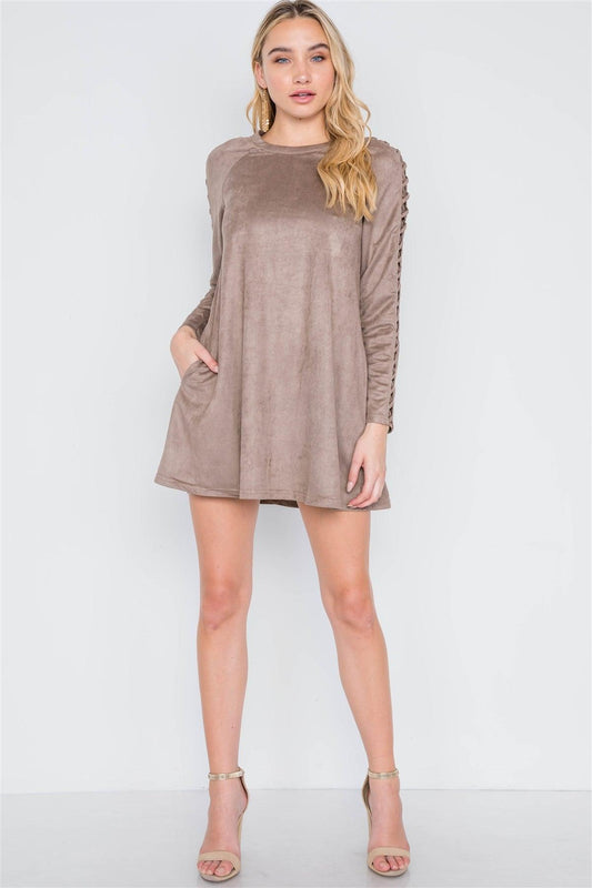 Grey Taupe Faux Suede Strap Sleeves Mini Shirt Dress /1-2-1