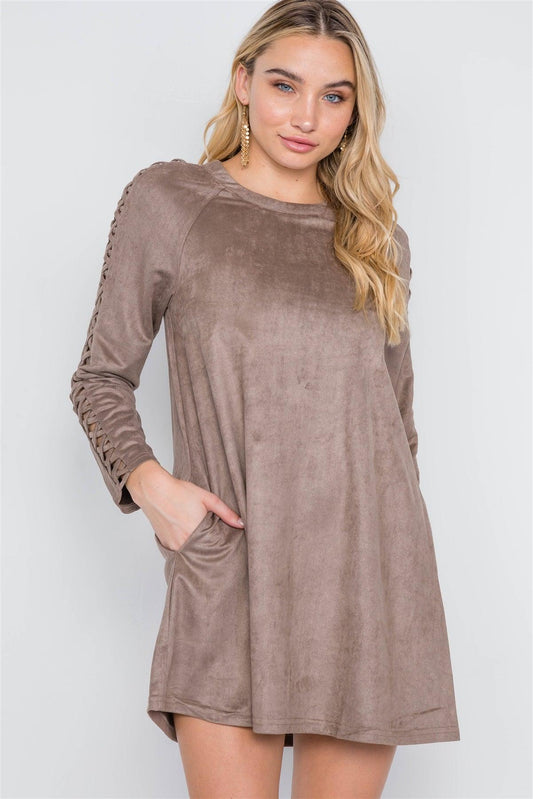 Grey Taupe Faux Suede Strap Sleeves Mini Shirt Dress /2-2-2