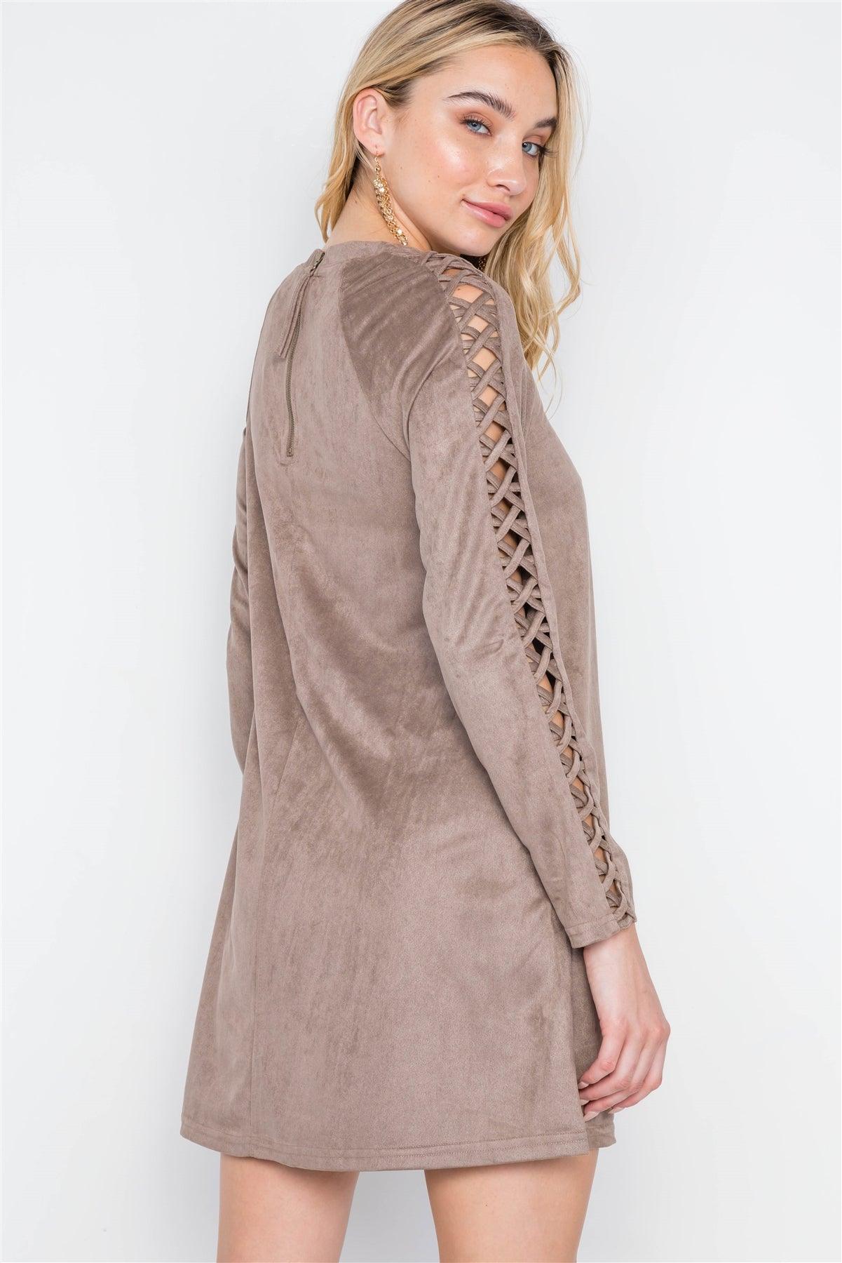 Grey Taupe Faux Suede Strap Sleeves Mini Shirt Dress /2-2-2