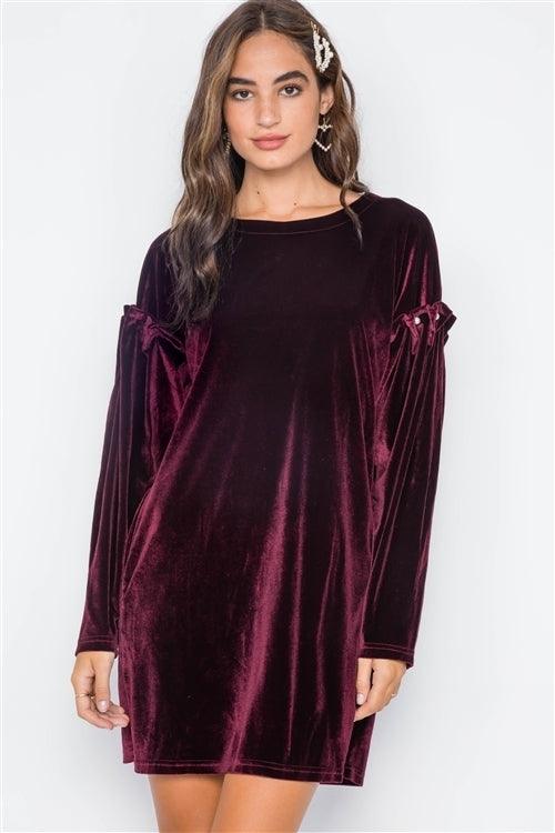 Wine Velvet Long Sleeve Pearl Detail Mini Dress