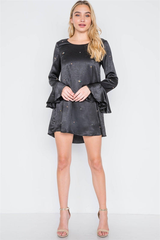 Black Long Bell Sleeves Rhinestone Mini Dress /3-3