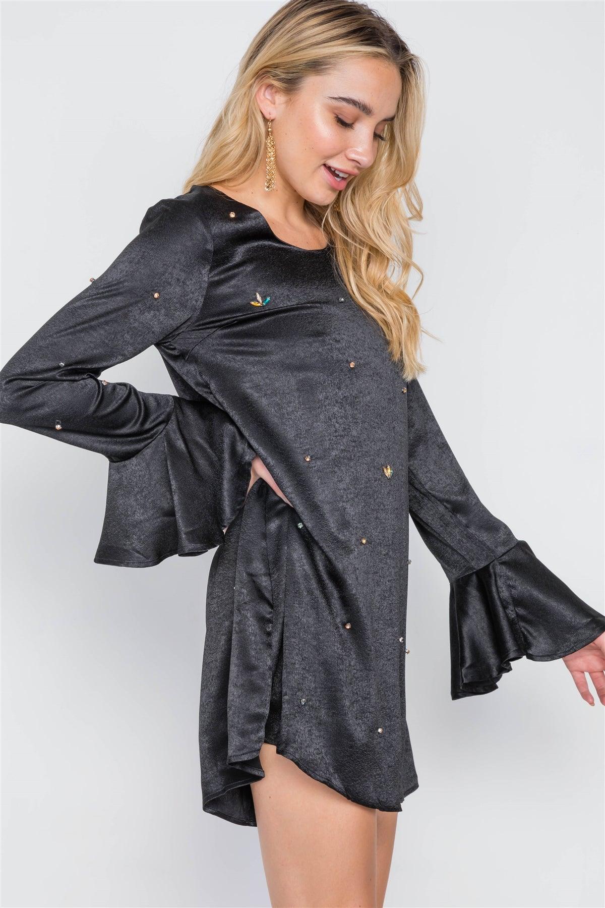 Black Long Bell Sleeves Rhinestone Mini Dress /3-3