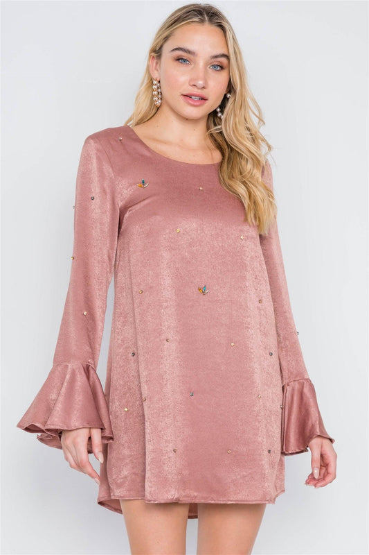 Mauve Bell Sleeves Rhinestone Mini Dress /2-2-2