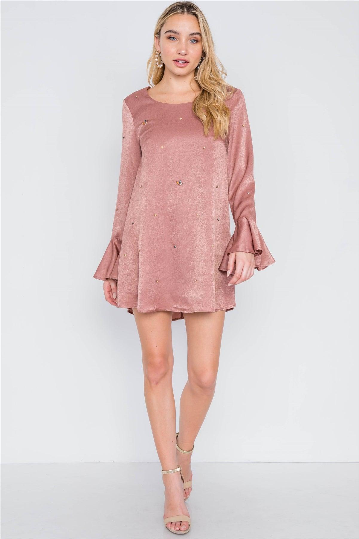 Mauve Bell Sleeves Rhinestone Mini Dress /2-2-2