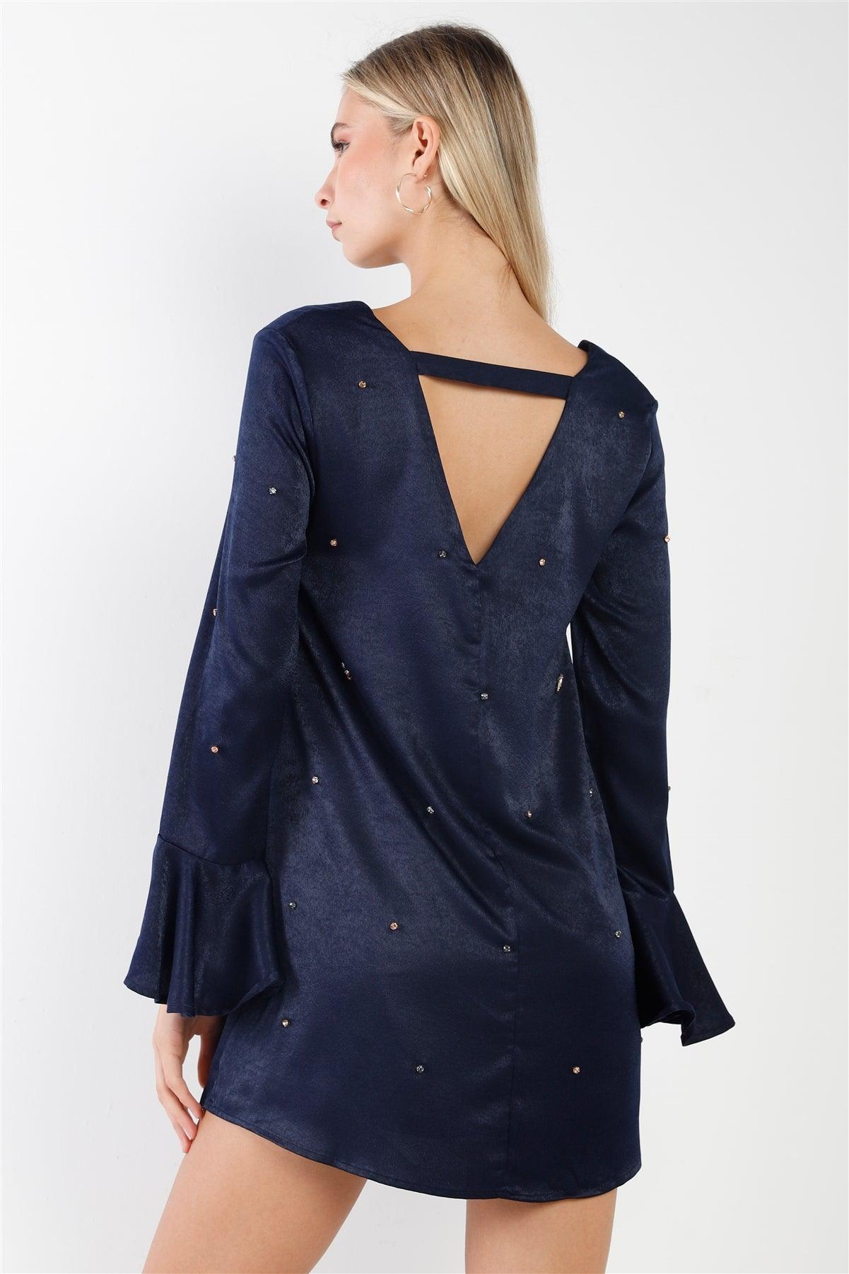 Navy Bell Sleeves Rhinestone Mini Dress /2-2