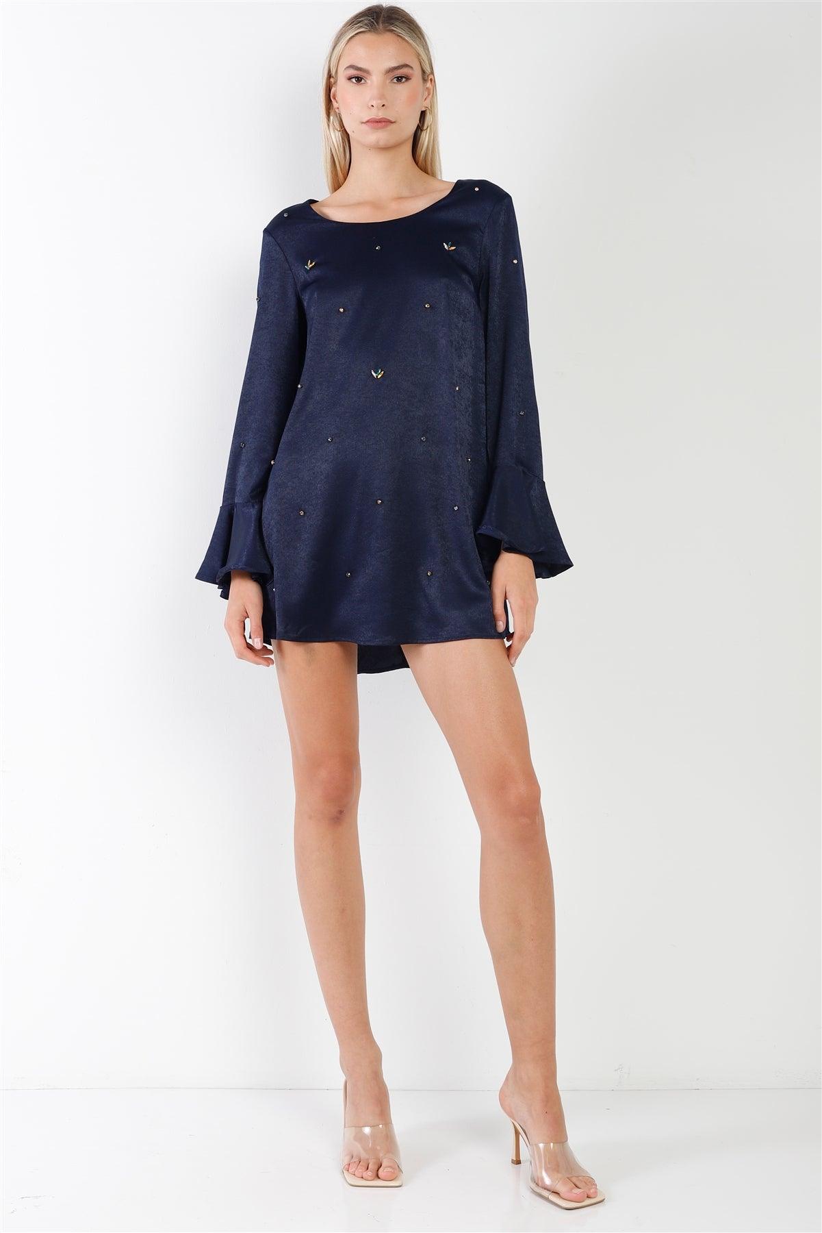 Navy Bell Sleeves Rhinestone Mini Dress /2-2