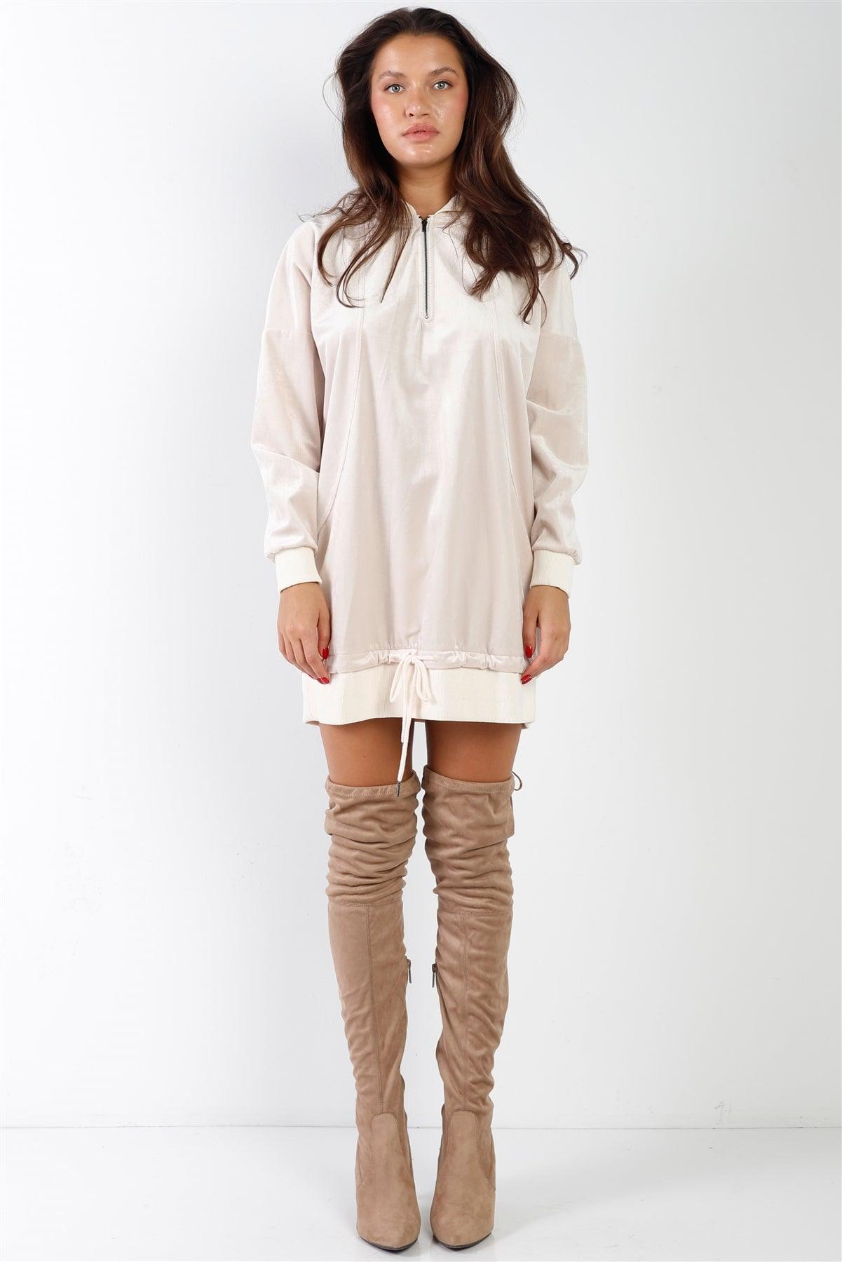 Beige Velvet Long Sleeve Hooded Mini Shirt Dress /2-2-2