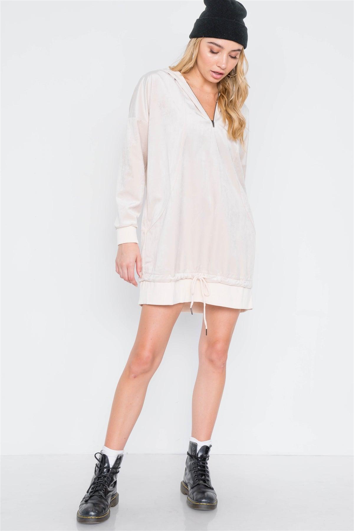 Beige Velvet Long Sleeve Hooded Mini Shirt Dress /2-3-2