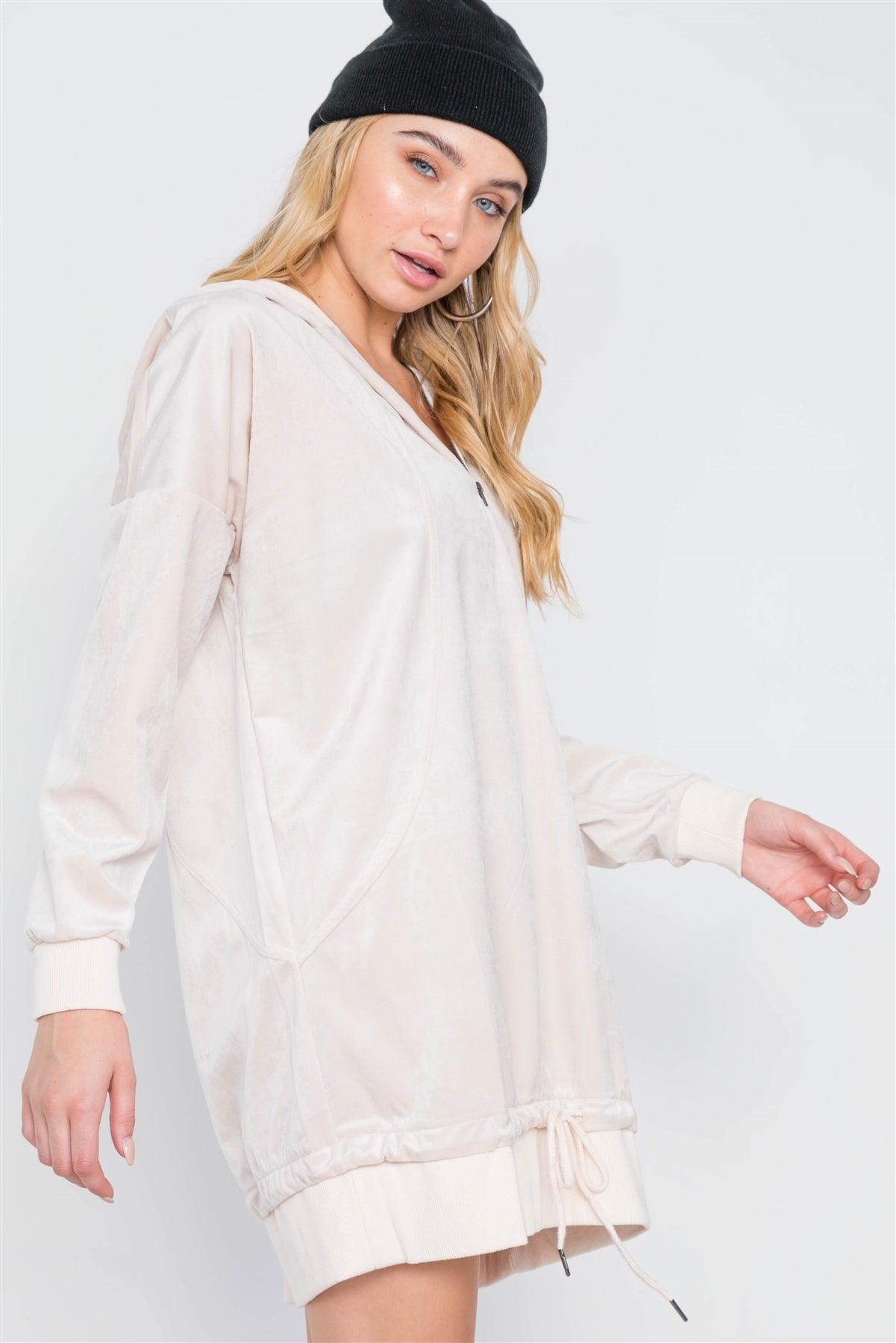 Beige Velvet Long Sleeve Hooded Mini Shirt Dress /2-3-2